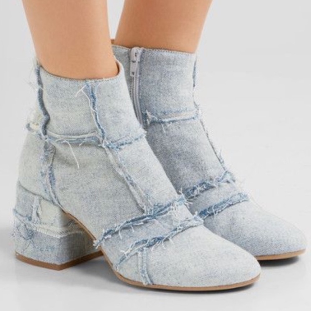 MAISON MARGIELA MM6 Denim Blue Frayed Patchwork Ankle Booties